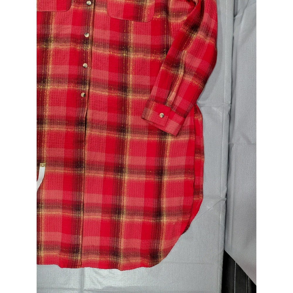 Cato Plaid Shirt Dress LG Red Gold Metallic Waffle Weave Long Sleeve - Picture 6 of 13